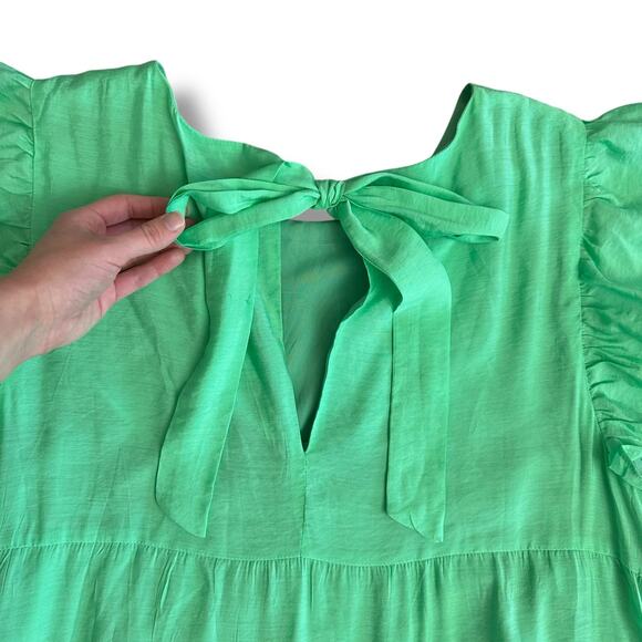 English Factory Green Tiered Midi Dress 2X Modern Chic Flutter Sleeve Summer - Picture 7 of 9